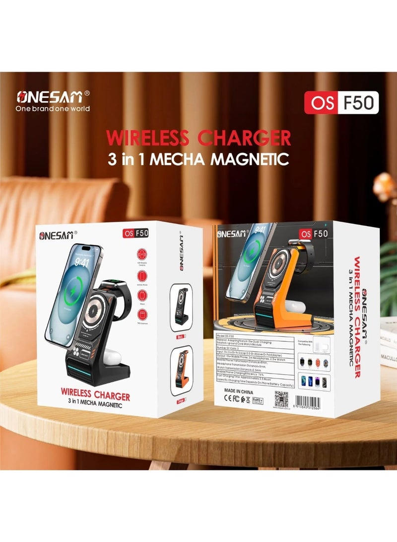 شاحن لاسلكي مغناطيسي ضخم 3 في 1 من ONESAM (OS-F50) - Image 1
